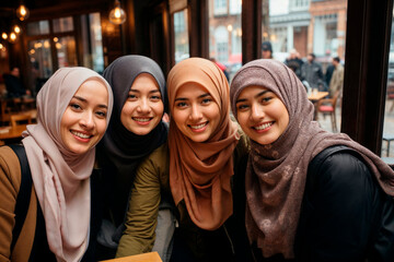 Smiling young women in hijabs enjoying time together Generative AI image