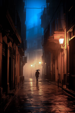 Mysterious figure walking on a foggy street at night Generative AI image