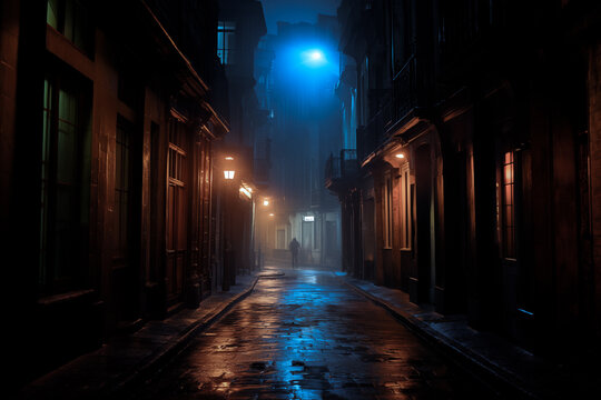 Misty Night in a Narrow City Alleyway Generative AI image