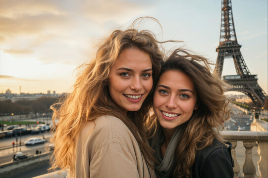 Twin sisters smiling with Eiffel Tower in the background Generative AI image