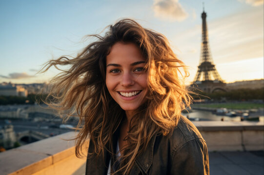 Joyful woman with windswept hair in Paris at sunset Generative AI image