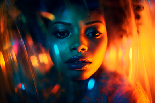 Neon glow illuminates the beauty of a young woman Generative AI image