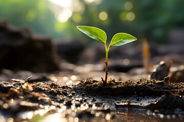 Green sprout breaking out of the ground. The concept of the victory of nature and the arrival of spring