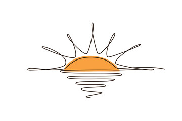 Sun continuous one line icon drawing on white background. Hot temperature and summer sea travel symbol vector illustration in doodle style. Summer sun contour line sign 