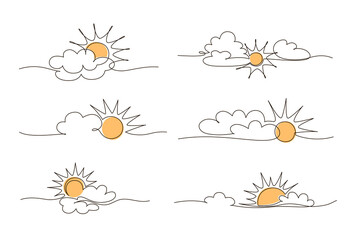 Set of clouds with sun continuous one line icon drawing on white background. Hot temperature and summer travel symbol vector illustration in doodle style. Summer sun contour line sign 
