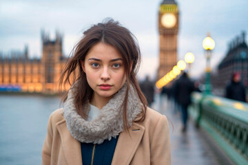 Young woman in front of Big Ben at twilight Generative AI image