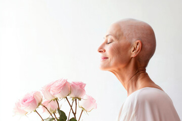 Serene Bald Woman with Pink Roses on White Background Generative AI image