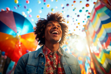 Joyful young man with colorful confetti and umbrellas Generative AI image