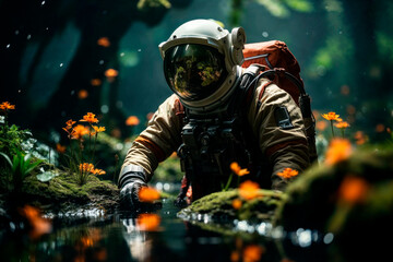 Astronaut exploring a lush forest landscape Generative AI image