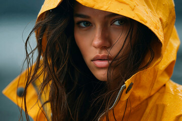 Intense gaze of woman in yellow raincoat Generative AI image