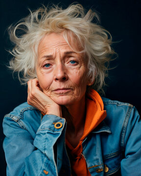 Thoughtful elderly lady with striking blue eyes and white hair Generative AI image