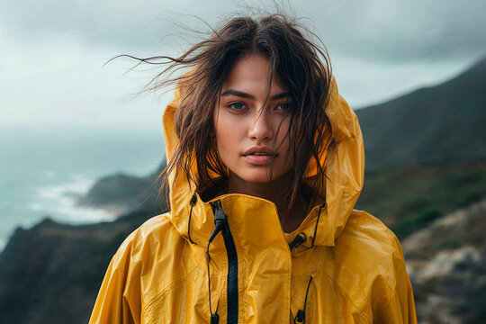 Young woman in yellow raincoat outdoor portrait Generative AI image