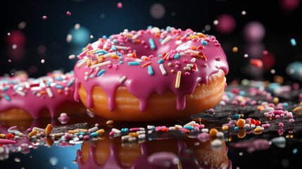 Fototapeta na wymiar Fun Sprinkled Strawberry Colorful Donut. this sweet donut dessert with colorful sprinkles topping is very yummy and delicious. 