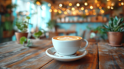 Obraz premium A white mug of hot coffee on wooden table in the morning, blured background of cafe. close up modern hot black coffee the cappuccino on wood background with coffee bubble foam pattern and texture