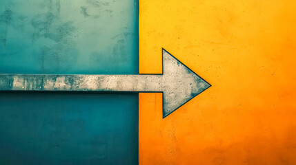 bold, metallic arrow pointing right, set against a two-toned background with teal on the left and orange on the right, symbolizing direction, decision-making, and contrast.