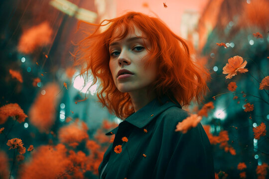 Dreamlike portrait of woman with fiery red hair Generative AI image