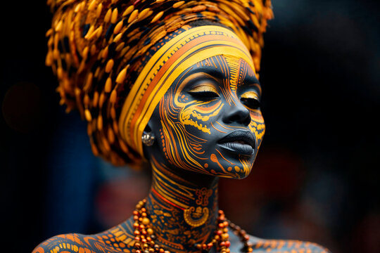 Exquisite traditional body art on African woman Generative AI image