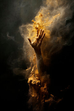 Surreal hand emerging amidst golden dust and smoke Generative AI image