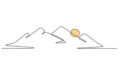 Sun and mountains continuous one line icon drawing on white background. Hot temperature and  travel symbol vector illustration in doodle style. Summer sun contour line sign 