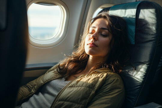 Woman sleeping peacefully on airplane journey Generative AI image
