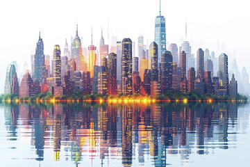 illustration of 3D pixel art city in bright colors