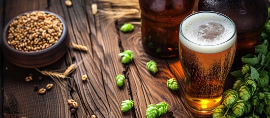 IPA beer, hops, and wheat on a wooden table. - obrazy, fototapety, plakaty