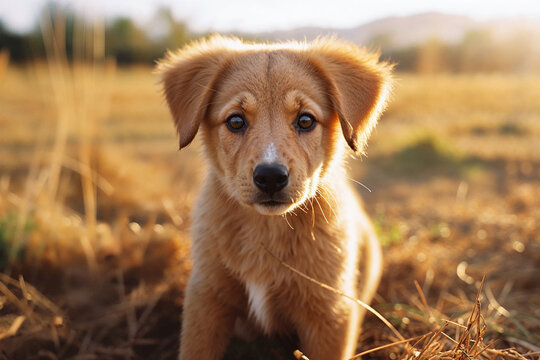 Adorable puppy basking in the golden sunset light Generative AI image
