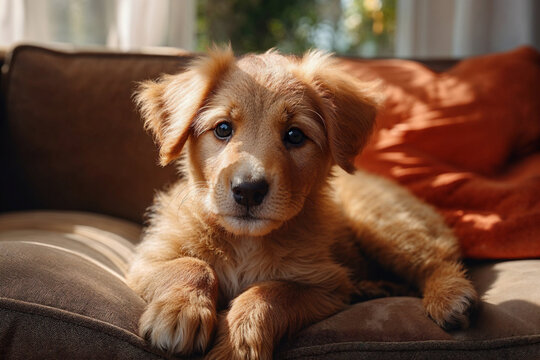Adorable Puppy Lounging on a Cozy Sofa Generative AI image