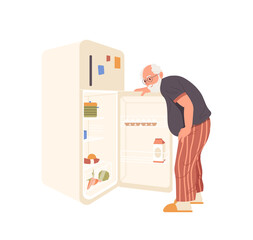 Senior man cartoon character searching for food looking at shelves in opened kitchen refrigerator