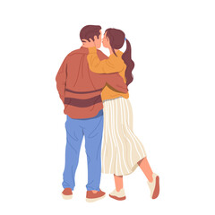 Back view of beloved man and woman couple kissing standing cuddling together feeling passion