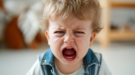 a closeup photo of a cute little baby boy child crying and screaming isolated on white background. - obrazy, fototapety, plakaty