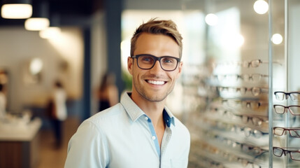 Man is choosing glasses in optics store. - obrazy, fototapety, plakaty