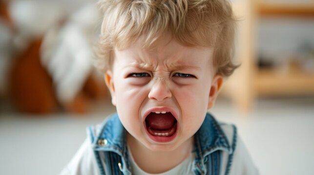 a closeup photo of a cute little baby boy child crying and screaming isolated on white background.