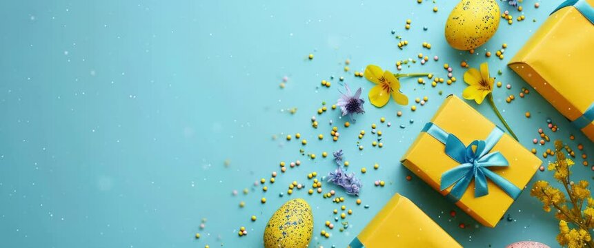 Anamorphic video Happy Easter greeting background. Easter eggs on blue background with copy space. 