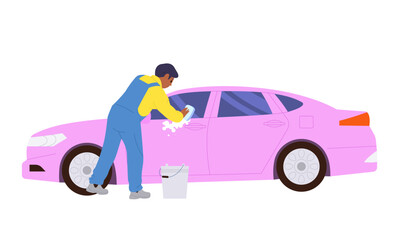 Man worker cartoon character washing window of custom car using sponge and foamy detergent