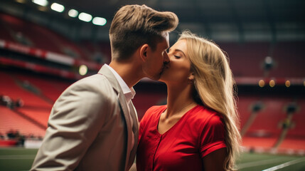 Young couple watching sport soccer match in football stadium with blurred supporters around - Happy people having fun together on weekend sporty event - Love and game concept - Focus on man face - obrazy, fototapety, plakaty