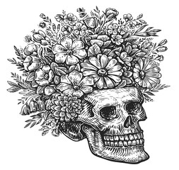 Human skull with flowers. Hand drawn sketch vintage illustration engraving style