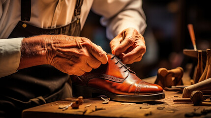 serious, senior shoemaker holding leather boot while looking at camera - obrazy, fototapety, plakaty