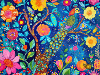 Beautiful Classic Victorian style Poetic and Hand Painted Retro Fine Art canvas for wallpaper and background with Colorful Peacocks, birds, Flowers and plants, Nature-inspired and floral botanical