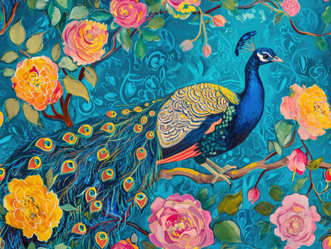 Beautiful Classic Victorian style Poetic and Hand Painted Retro Fine Art canvas for wallpaper and background with Colorful Peacocks, birds, Flowers and plants, Nature-inspired and floral botanical