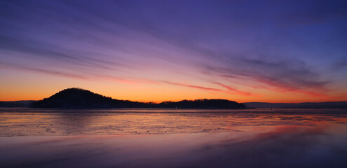 Sunset in the bay of  Bjørvika at winter