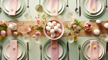 Pastel Easter table setup with eggs and spring flowers. Top view. Pink and green colors. Festive dinner