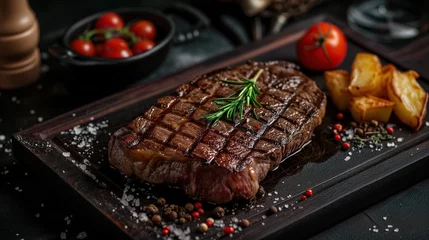 Fotobehang a medium wall steak entrecote, with extras on the side. Medium Rare Ribeye steak on wooden board, selected focus. Grilled medium rib eye steak with rosemary and pepper. © armensl