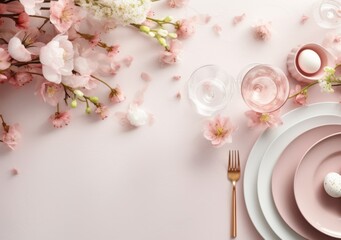 Elegant spring table decor with cherry blossoms and pastel eggs. Top view. Pink colors. Easter dinner. With copy space - obrazy, fototapety, plakaty
