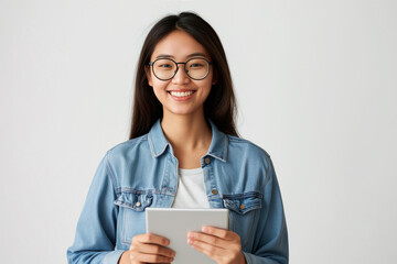 Smiling Young Asian Female Student in Glasses and Denim Jacket Holding Digital Tablet Isolated on White Background