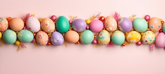 Variety of hand-painted Easter eggs lie in a row, decorated with intricate patterns and vivid colors. On pink background. With copy space. Ideal for seasonal advertising and craft blogs.