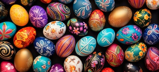 Collection of decorated Easter eggs in rich colors on dark background. Can be used for holiday-themed graphics, print media, and seasonal decorations. Top view. Festive background. Copy space