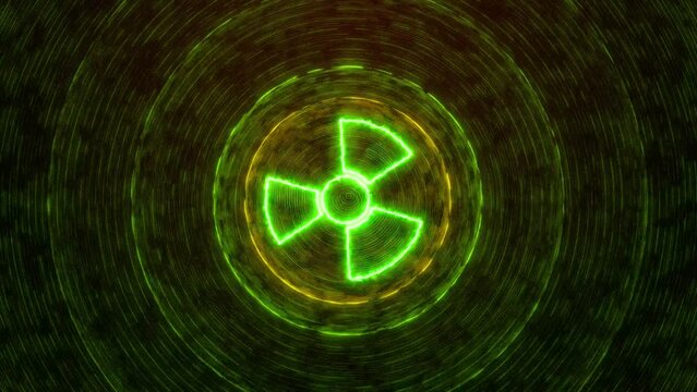 Nuclear Radioactive Animation Background. Radiation Toxic Sign And Danger And Warning Symbol Animation On Dark Background, Radioactive Warning Symbol Icon Background Animation, Radiation Danger Icon A