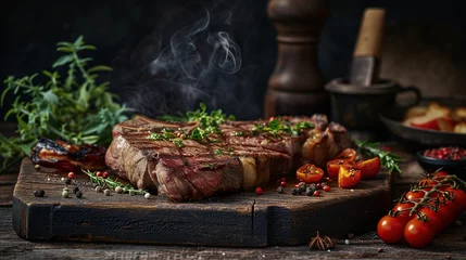 Fotobehang a medium wall steak entrecote, with extras on the side. Medium Rare Ribeye steak on wooden board, selected focus. Grilled medium rib eye steak with rosemary and pepper. © armensl
