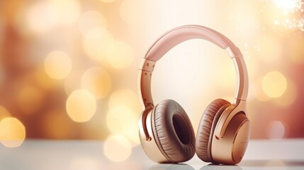 Headphones on a surface with a softly lit bokeh background. Banner with copy space